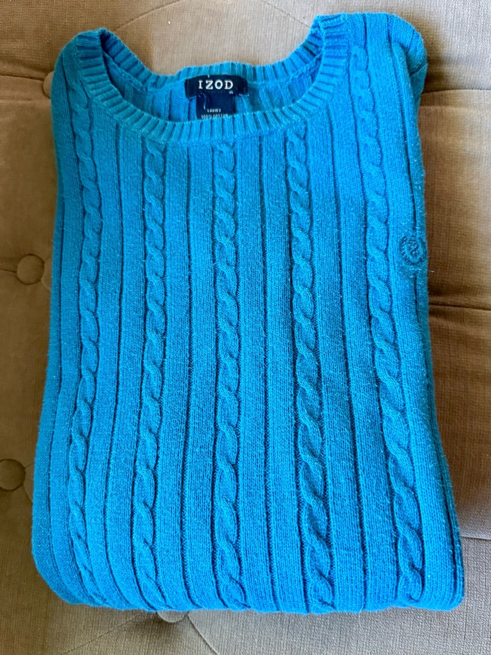 Izod Women’s Cable Crewneck Sweater - Teal Blue